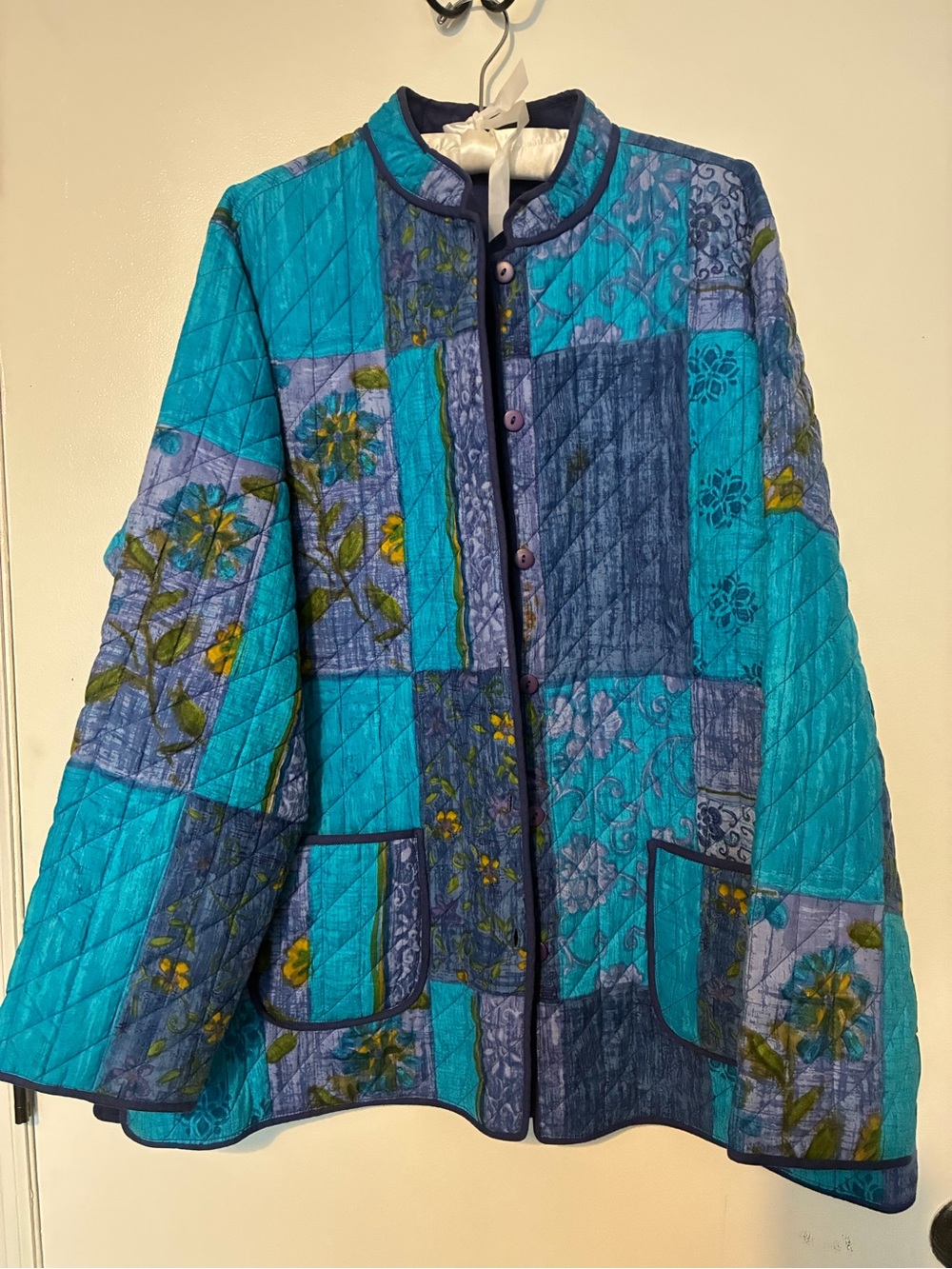 *GRANDMACORE* At Its Coziest!  Quilted Patchwork Jacket in Teal & Navy